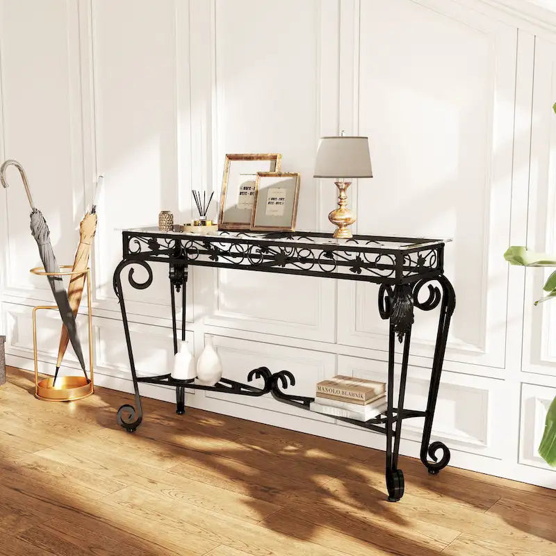 Glass and Metal Console Table with Storage