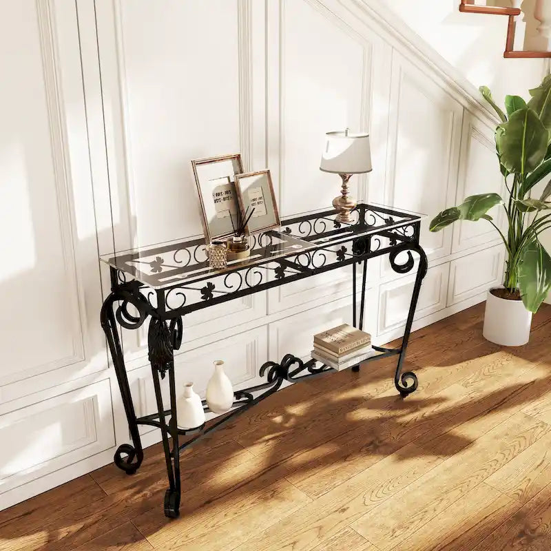 Glass and Metal Console Table with Storage