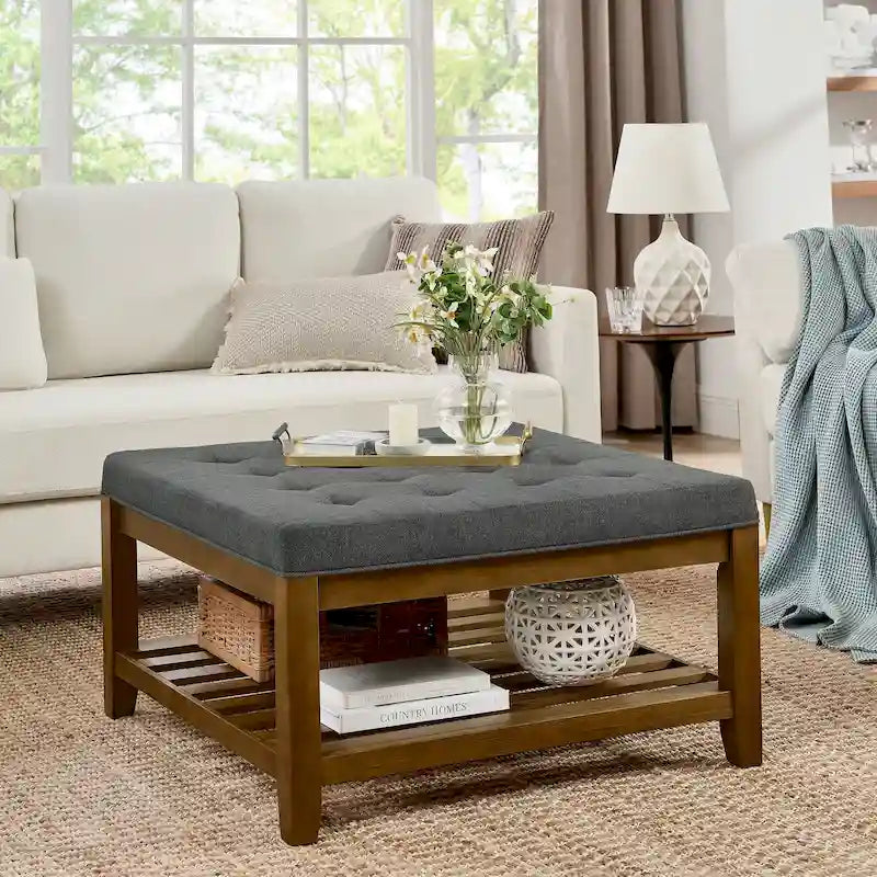 Tufted Linen Square Ottoman with Storage Shelf
