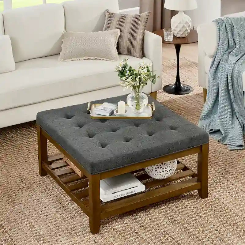 Tufted Linen Square Ottoman with Storage Shelf