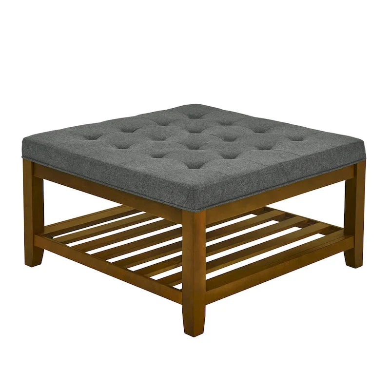 Tufted Linen Square Ottoman with Storage Shelf