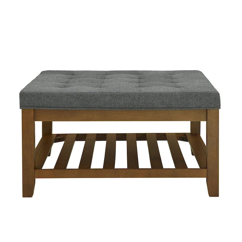 Tufted Linen Square Ottoman with Storage Shelf