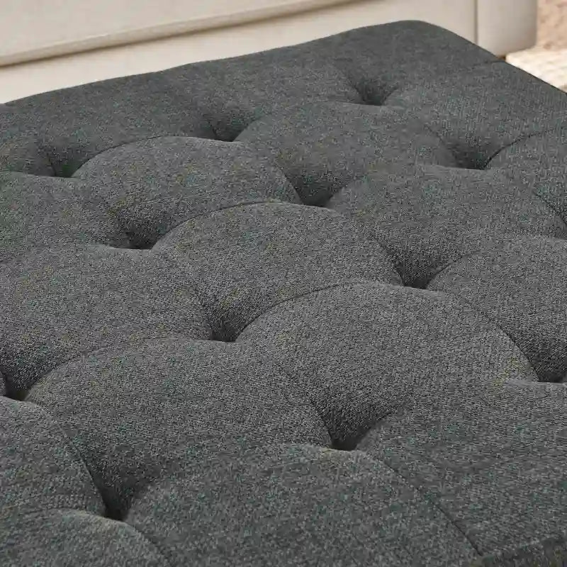 Tufted Linen Square Ottoman with Storage Shelf