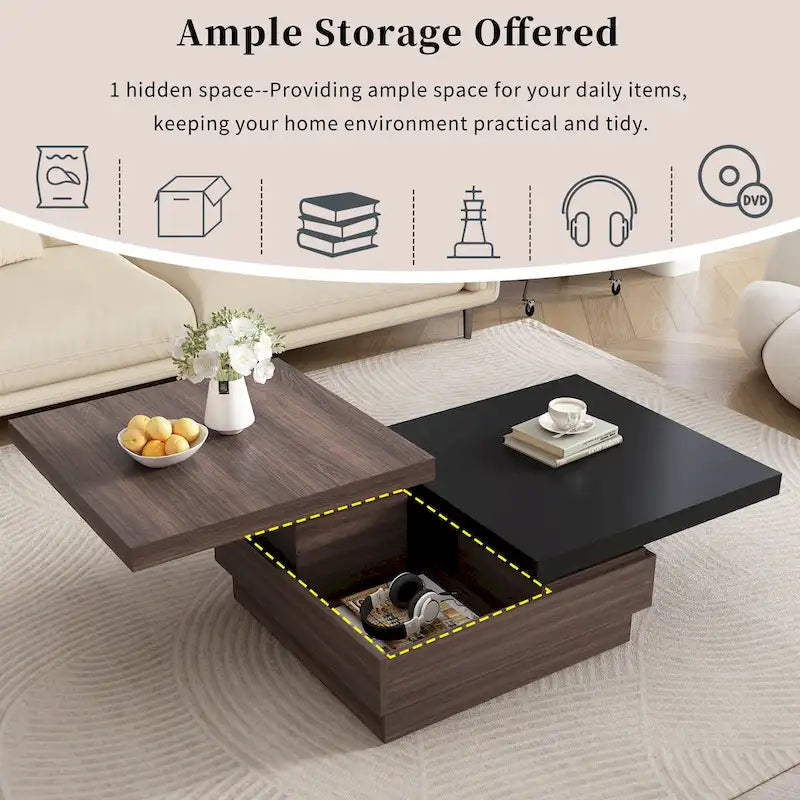 Square Coffee Table with Swivel Top and Hidden Storage