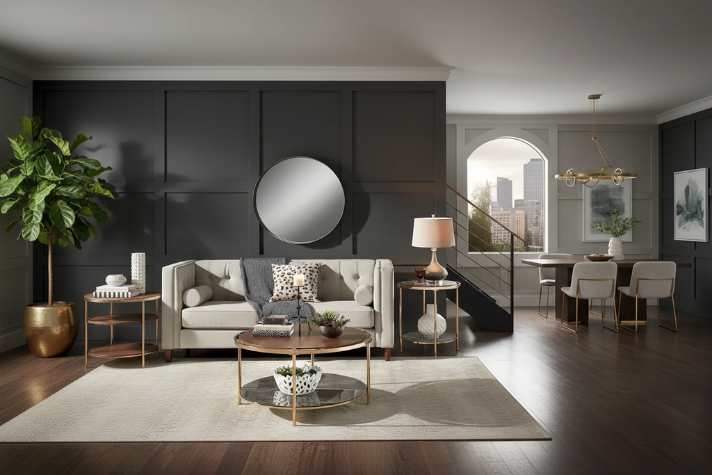 Round Coffee Table with Storage - Champagne Gold & Walnut