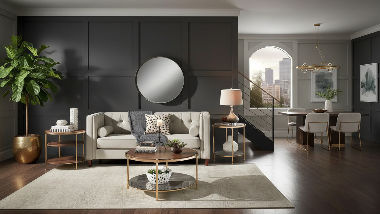 Round Coffee Table with Storage - Champagne Gold & Walnut