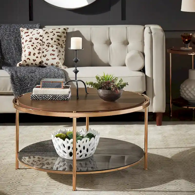 Round Coffee Table with Storage - Champagne Gold & Walnut