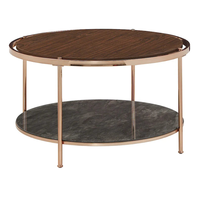 Round Coffee Table with Storage - Champagne Gold & Walnut