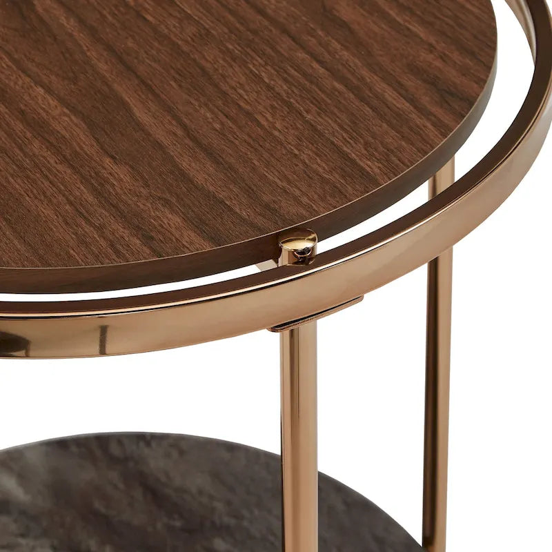Round Coffee Table with Storage - Champagne Gold & Walnut
