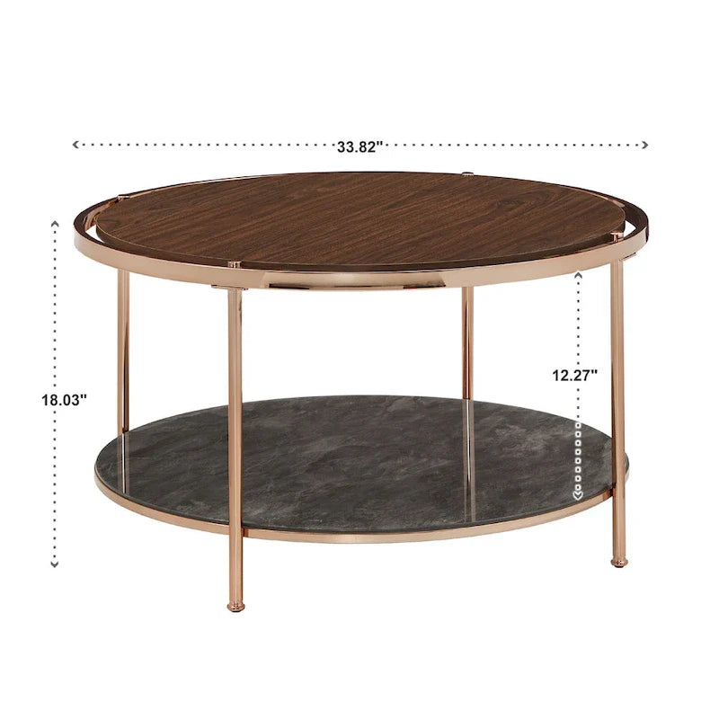 Round Coffee Table with Storage - Champagne Gold & Walnut