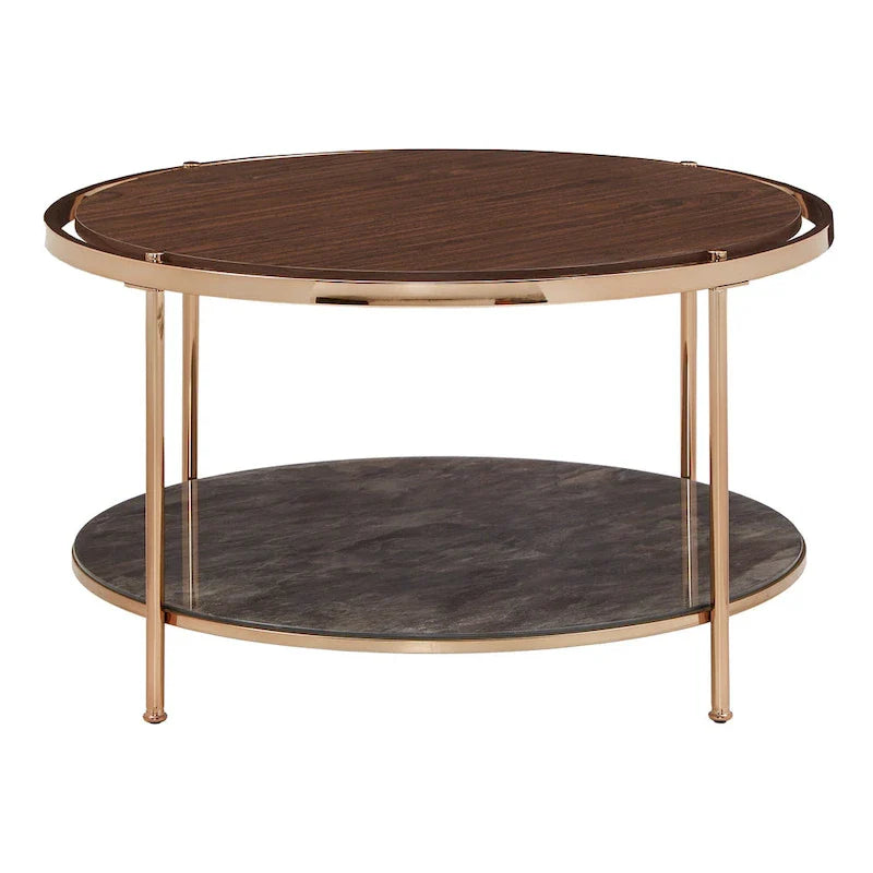 Round Coffee Table with Storage - Champagne Gold & Walnut