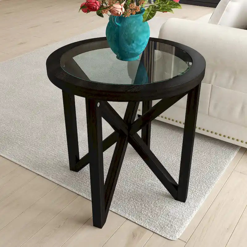 Glass Coffee Table with Wood Base