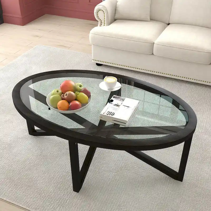 Glass Coffee Table with Wood Base