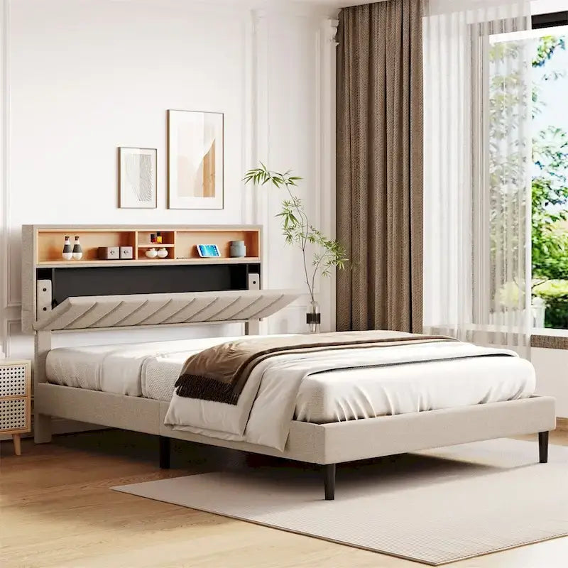 Upholstered Platform Bed with Storage Headboard and USB Port