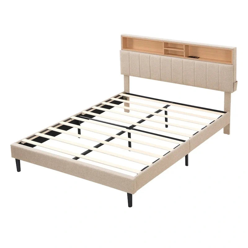 Upholstered Platform Bed with Storage Headboard and USB Port