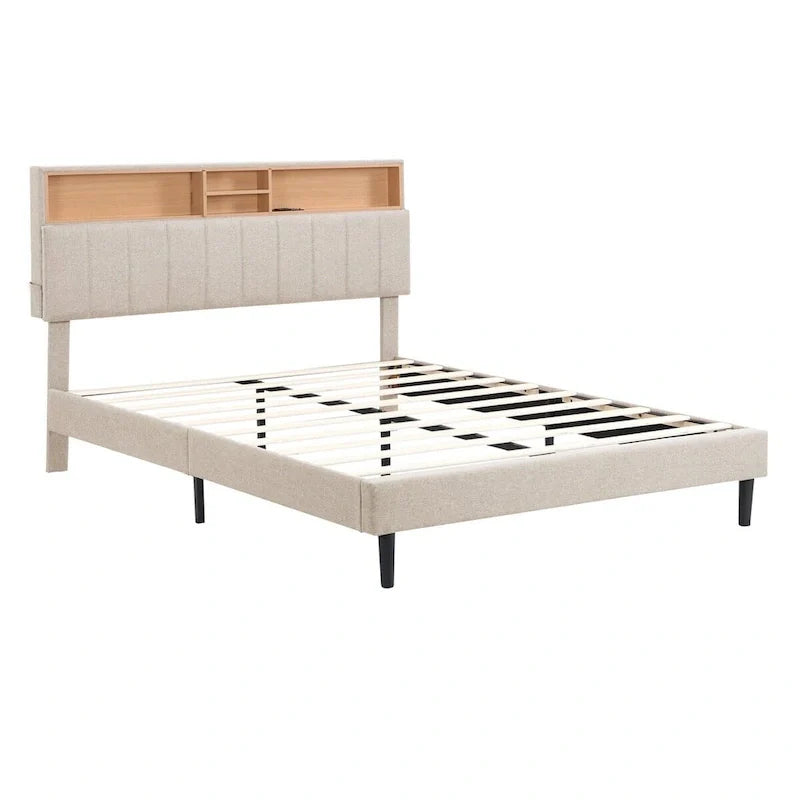 Upholstered Platform Bed with Storage Headboard and USB Port