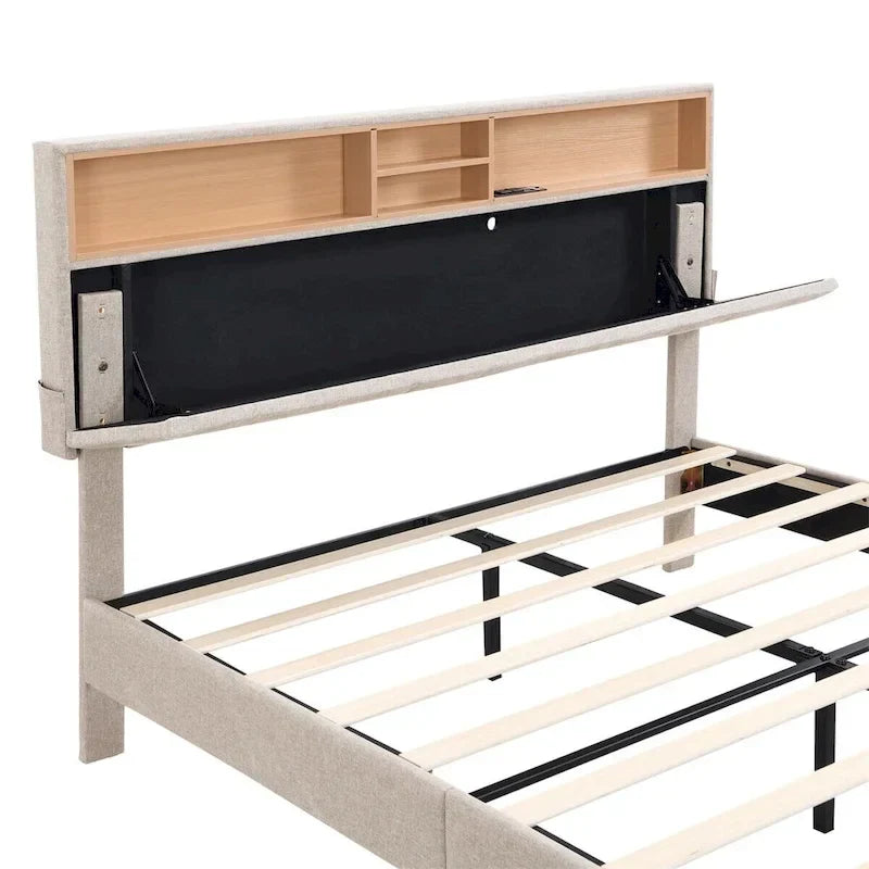 Upholstered Platform Bed with Storage Headboard and USB Port