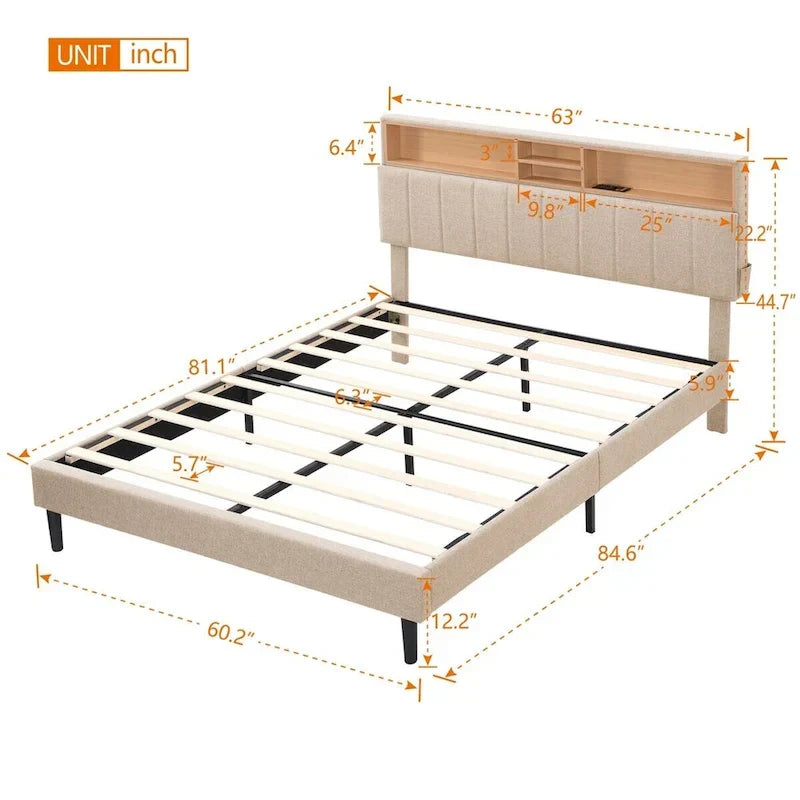 Upholstered Platform Bed with Storage Headboard and USB Port