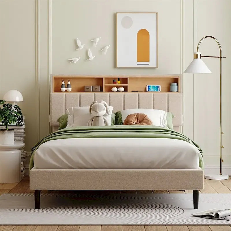 Upholstered Platform Bed with Storage Headboard and USB Port