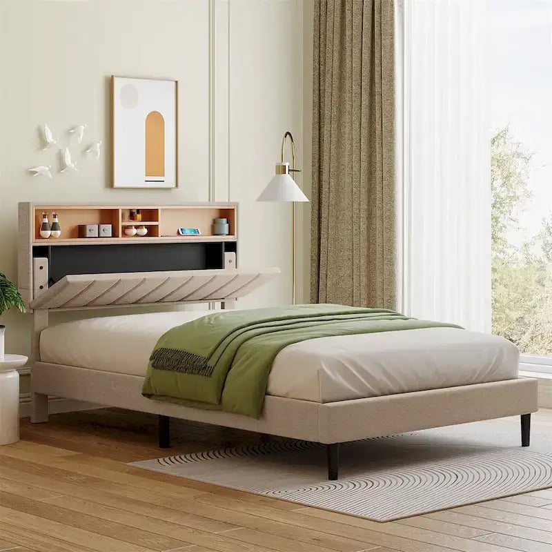 Upholstered Platform Bed with Storage Headboard and USB Port