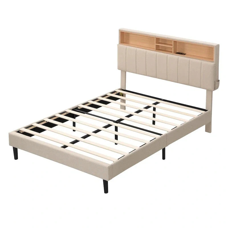 Upholstered Platform Bed with Storage Headboard and USB Port