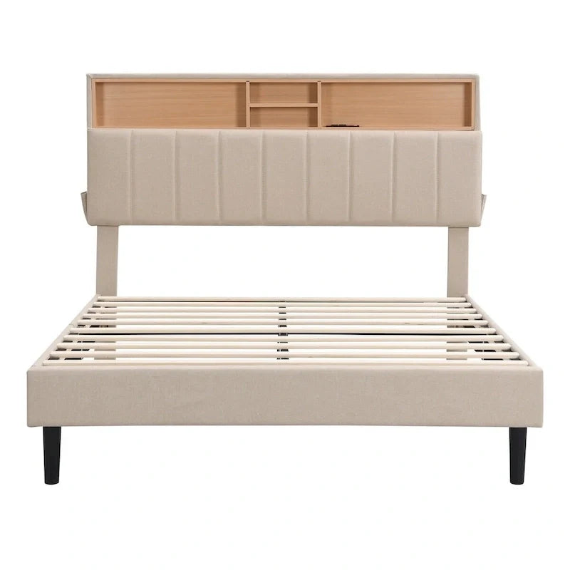 Upholstered Platform Bed with Storage Headboard and USB Port