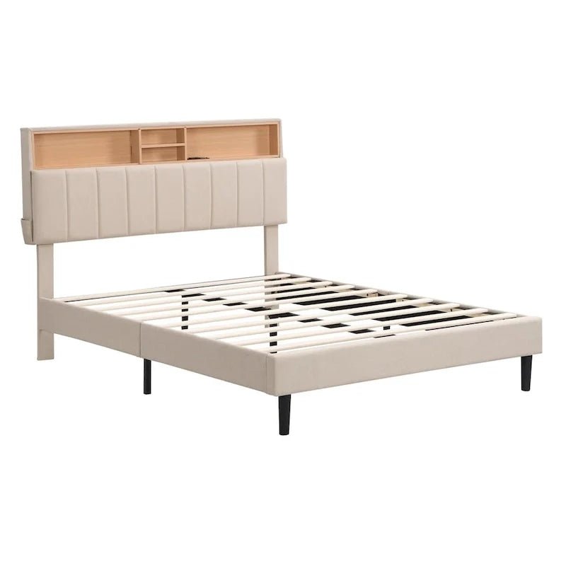 Upholstered Platform Bed with Storage Headboard and USB Port