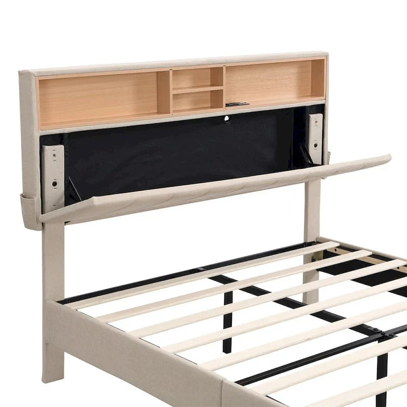 Upholstered Platform Bed with Storage Headboard and USB Port