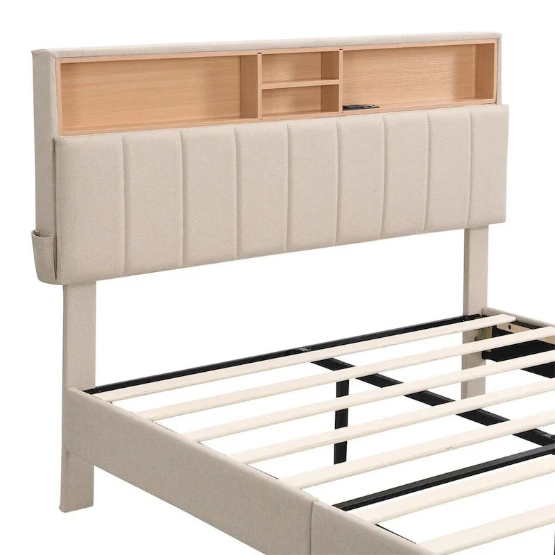 Upholstered Platform Bed with Storage Headboard and USB Port