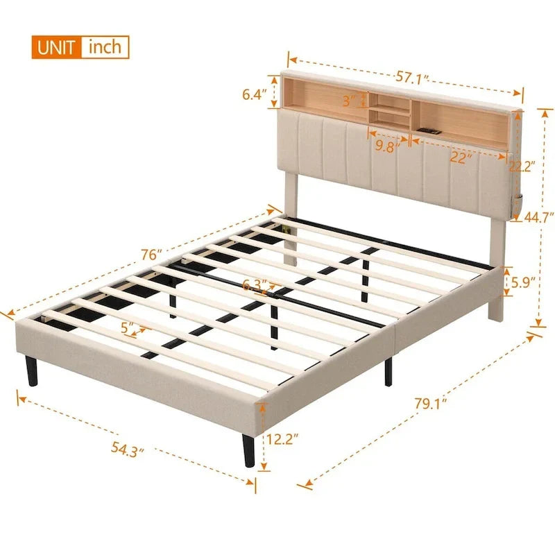 Upholstered Platform Bed with Storage Headboard and USB Port