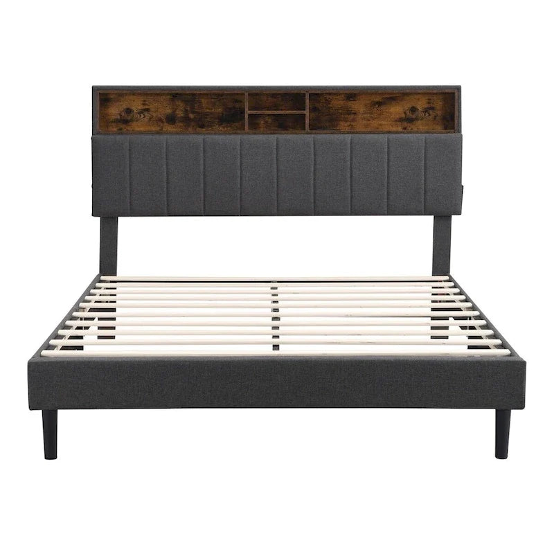 Upholstered Platform Bed with Storage Headboard and USB Port