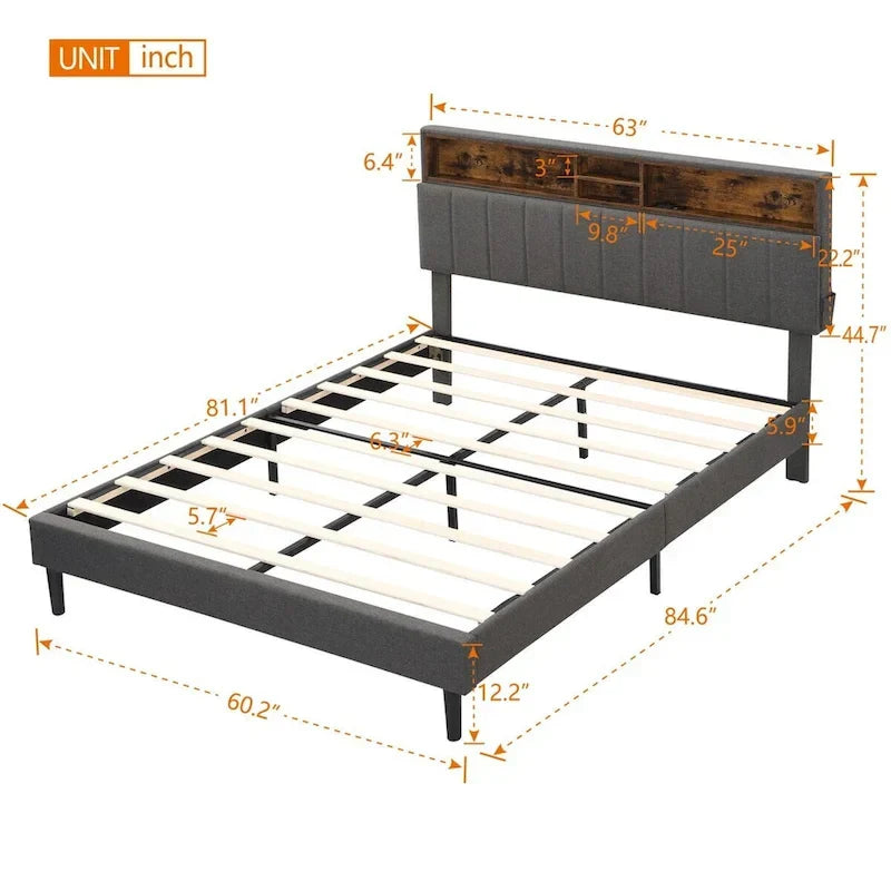 Upholstered Platform Bed with Storage Headboard and USB Port