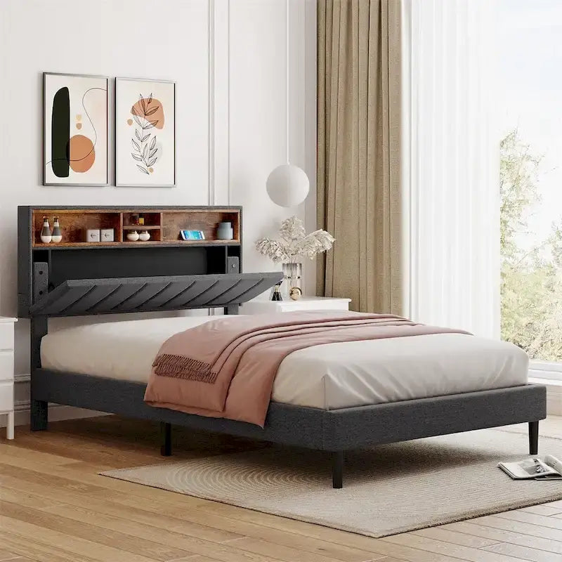 Upholstered Platform Bed with Storage Headboard and USB Port