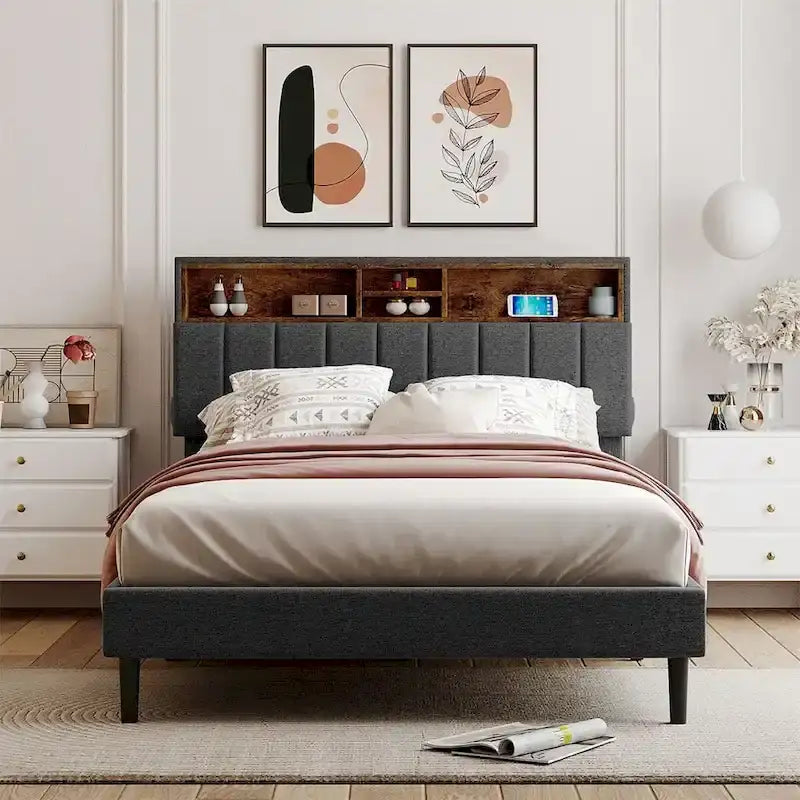 Upholstered Platform Bed with Storage Headboard and USB Port
