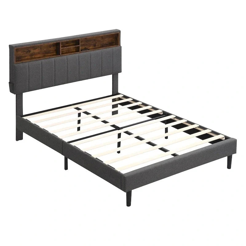 Upholstered Platform Bed with Storage Headboard and USB Port