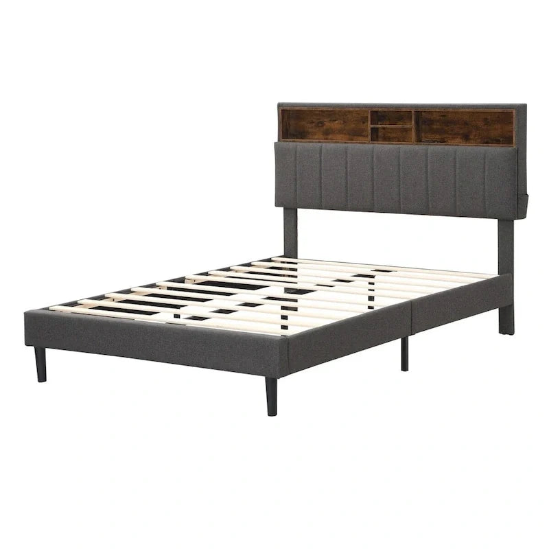 Upholstered Platform Bed with Storage Headboard and USB Port