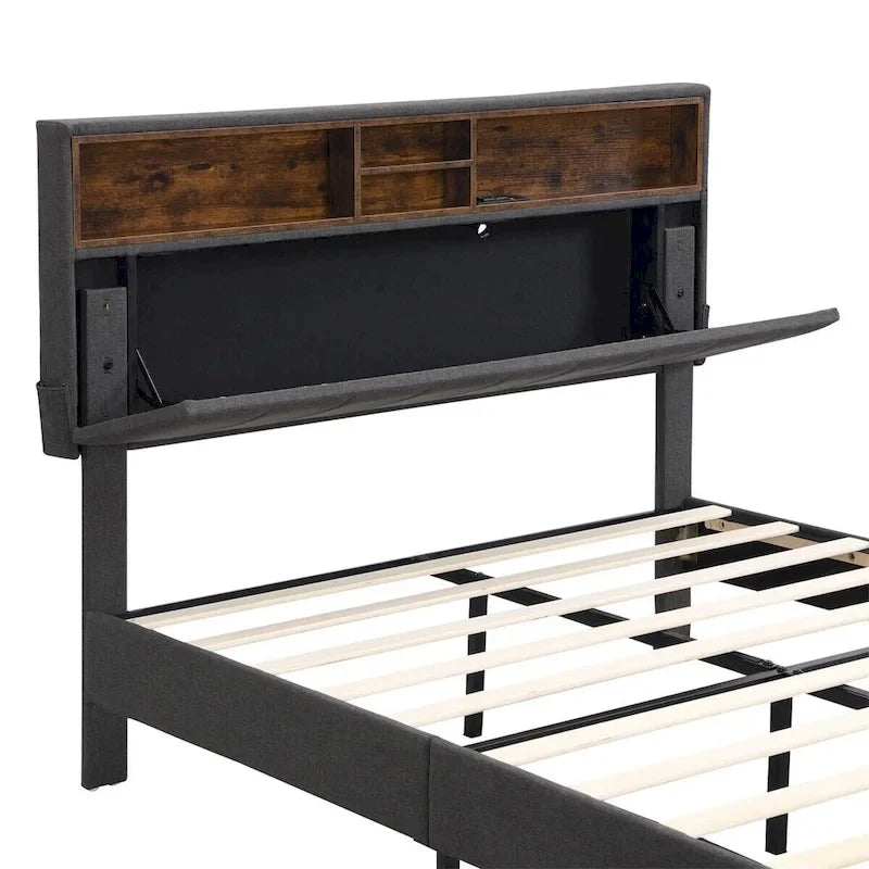 Upholstered Platform Bed with Storage Headboard and USB Port
