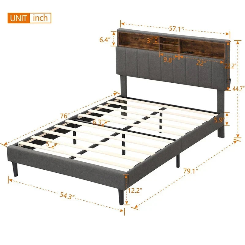 Upholstered Platform Bed with Storage Headboard and USB Port