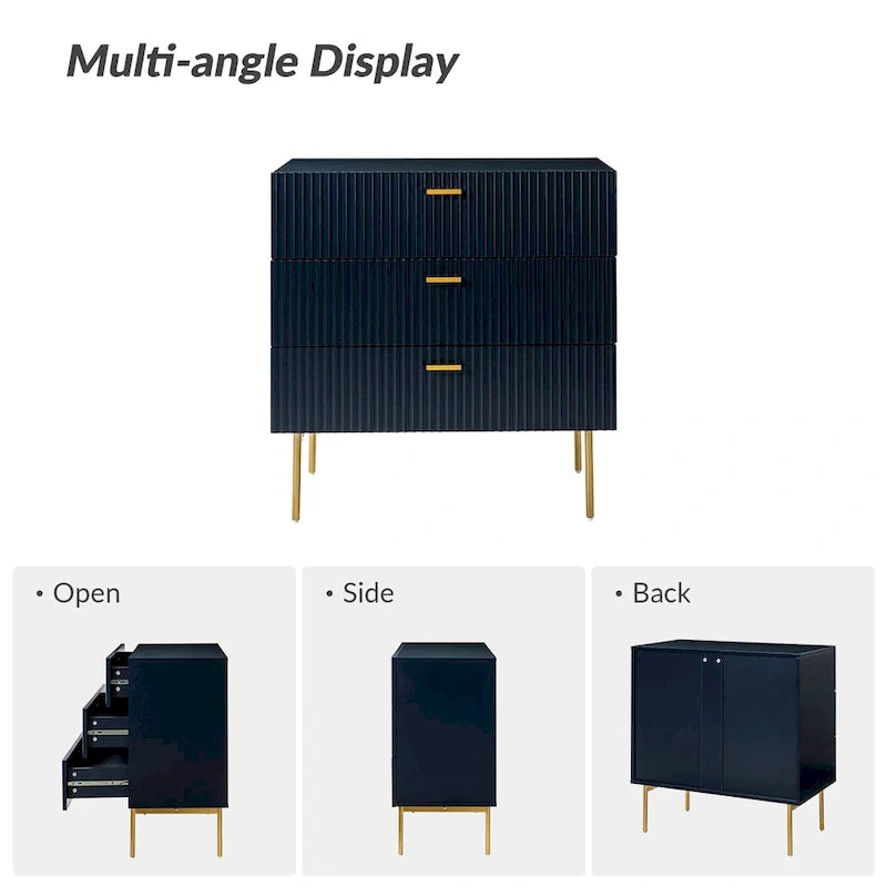 3-Drawer Nightstand with Metal Legs, Set of 2