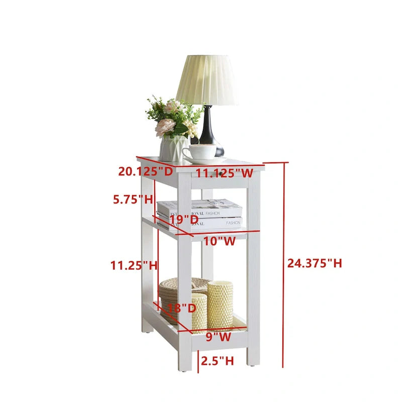 Slim Side Table with Storage Shelves and Pull-Out Tray