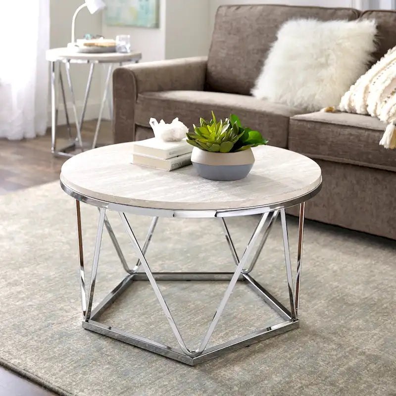 Faux Marble Round Coffee Table with Silver Finish