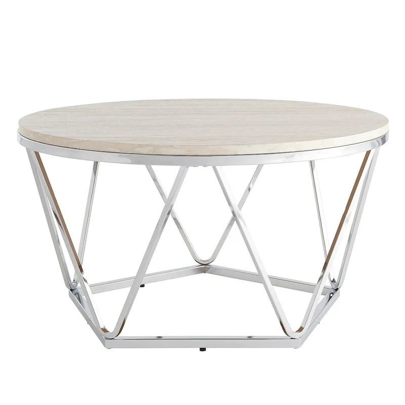Faux Marble Round Coffee Table with Silver Finish