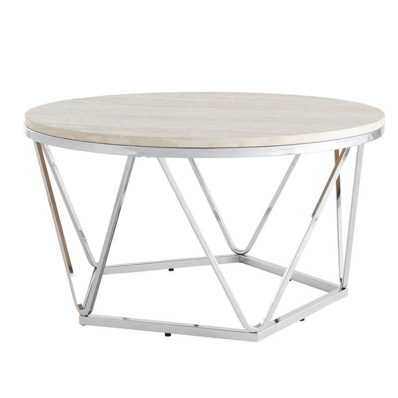Faux Marble Round Coffee Table with Silver Finish