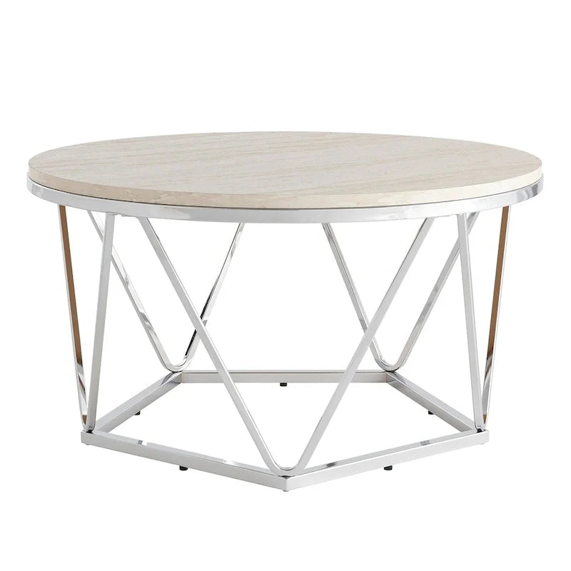 Faux Marble Round Coffee Table with Silver Finish
