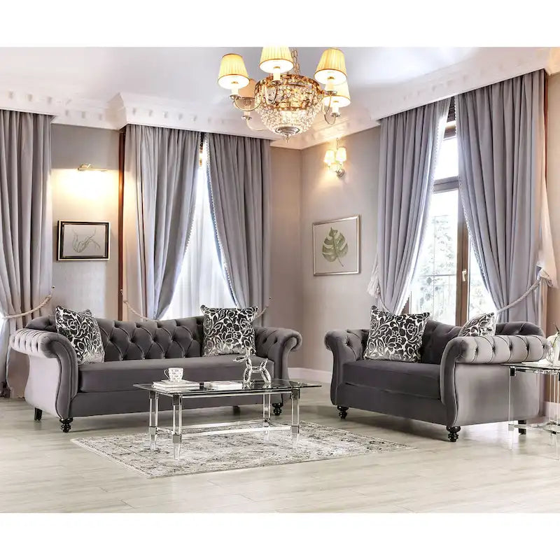 Grey Velvet Button Tufted Sofa