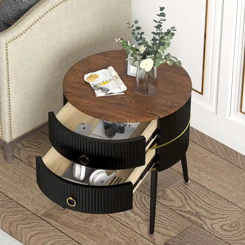 Round End Table with 2 Storage Drawers