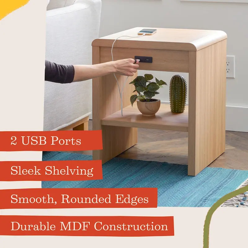Wood End Table with Rounded Corners and USB Ports