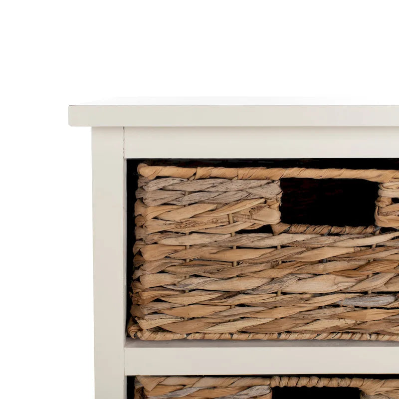 Distressed White Storage Cabinet with Wicker Baskets