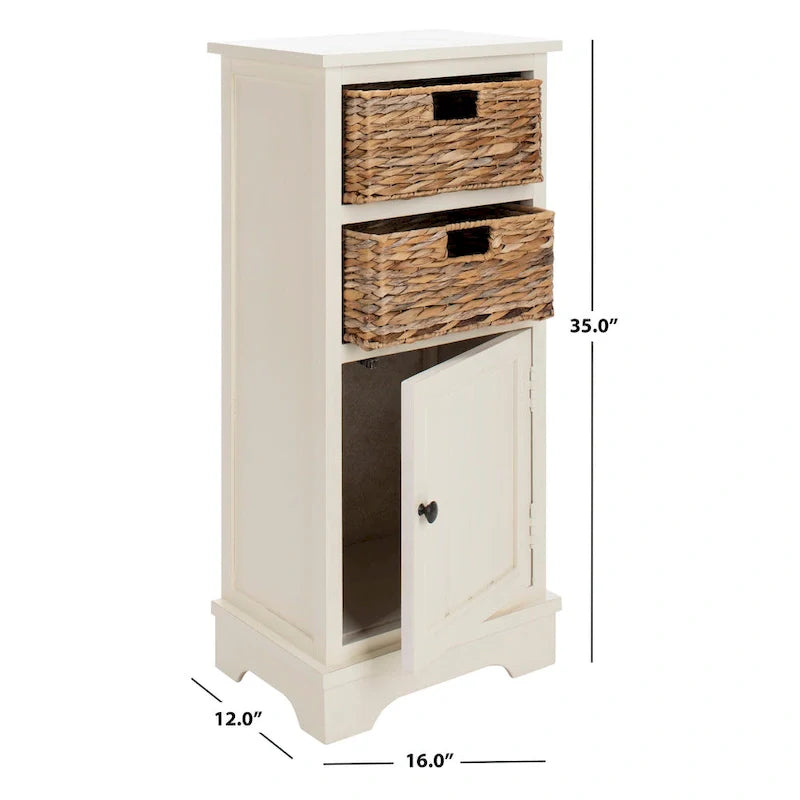 Distressed White Storage Cabinet with Wicker Baskets