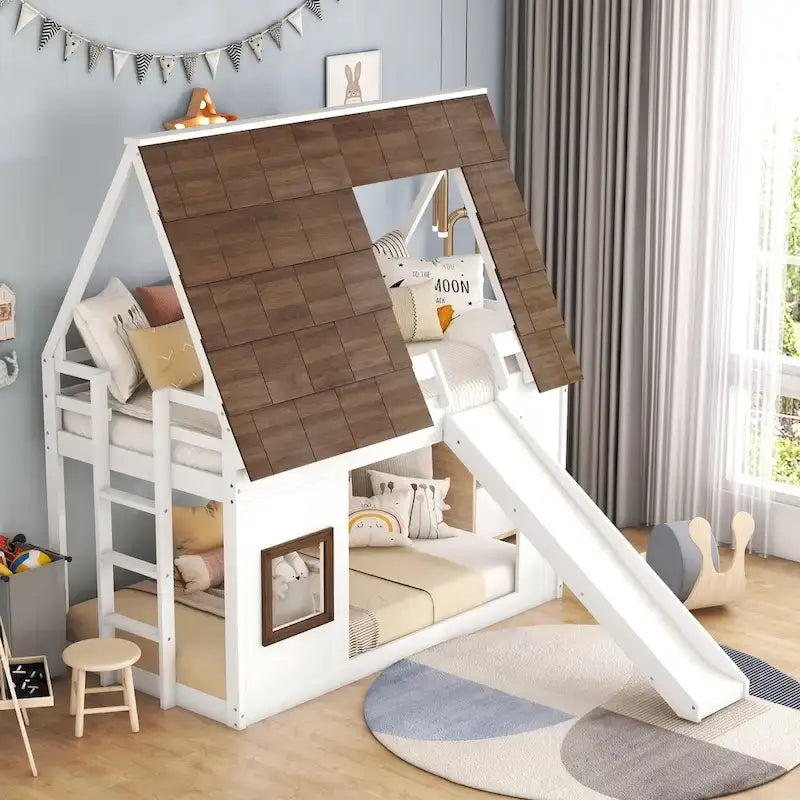 Twin Size House Bunk Bed with Slide
